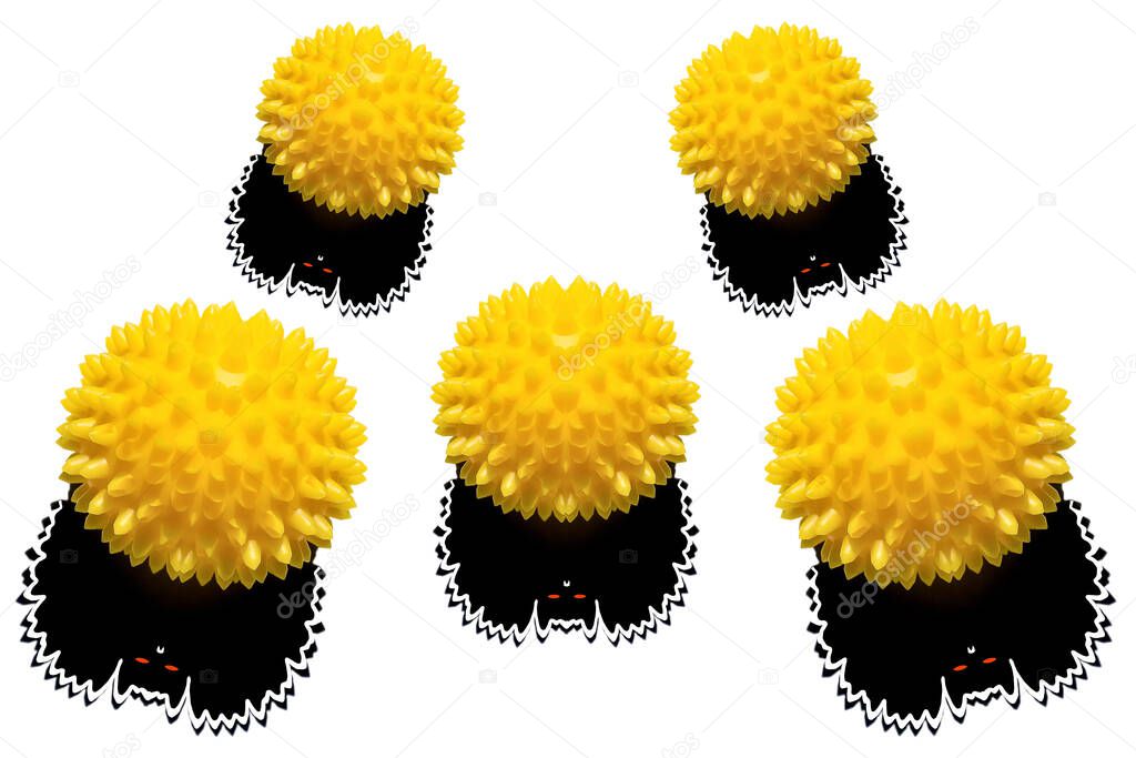 Abstract image of coronavirus. Yellow spiked balls  and their black shadows in the shape of a bat are located on a white background. 