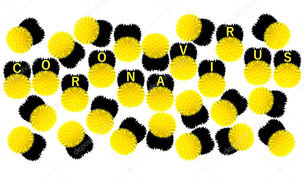 Abstract image of coronavirus. Yellow spiked balls  with crowns in the shape of a bat and hazard warning text are located on a white background.