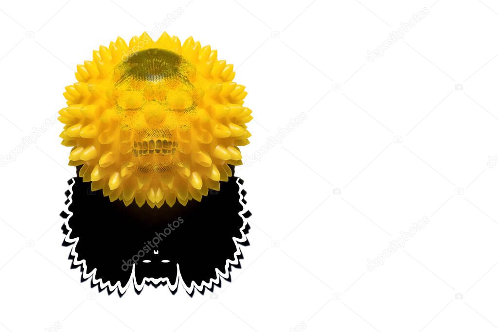 Abstract image of coronavirus. A yellow ball with  spikes, the black silhouette of a skull and a shadow in the form of a bat are located on a white background.