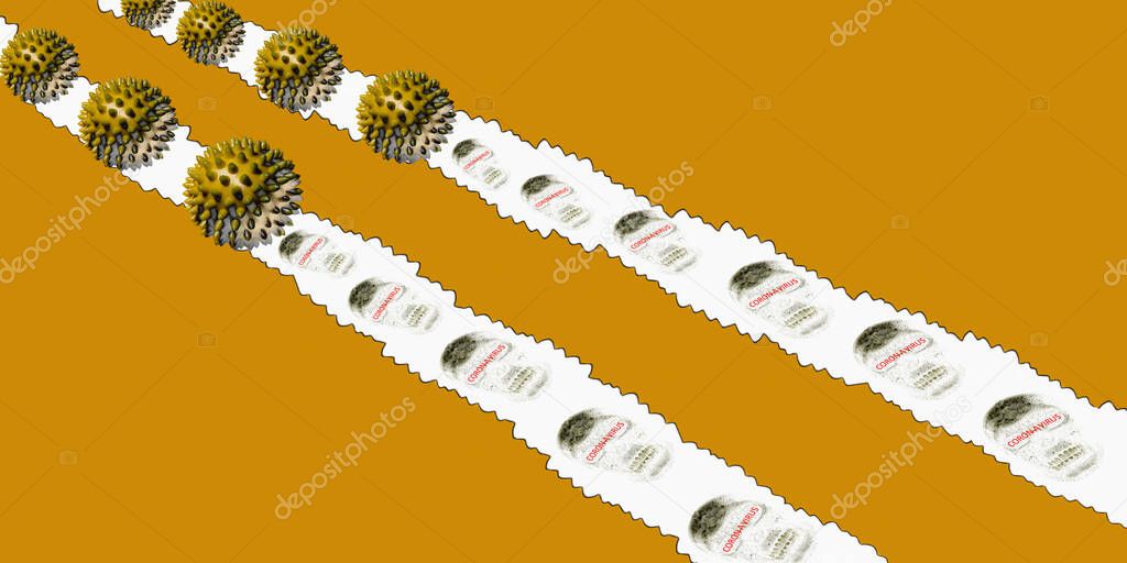 Abstract image of coronavirus. Apricot-brown spiked balls and its white tracks with silhouettes of a skull  are located on a apricot background.