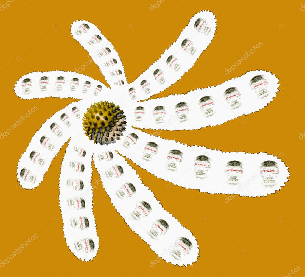 Abstract image of coronavirus. An apricot-brown spiked ball is located in the center of the white silhouette of an octopus with images of skulls. Apricot background.