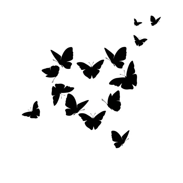 Černé Siluety Motýlů Podobě Srdce Izolovaných Bílém Pozadí — Stockový vektor