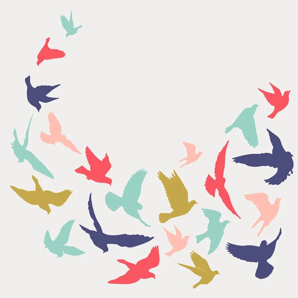 Açık Pembe Renkli Üzerinde Kuşların Çok Renkli Siluetleri — Stok Vektör