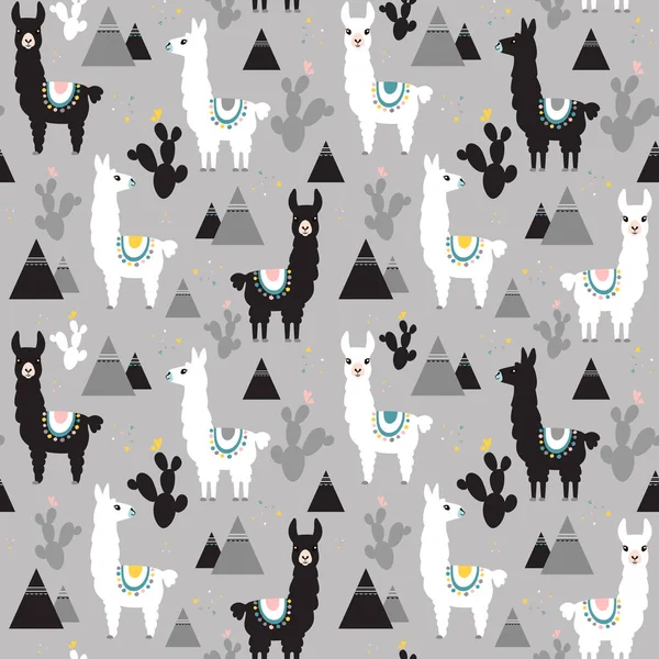 Seamless Pattern Llama Cactus Mountains Great Fabric Textile Vector Background — Stock Vector