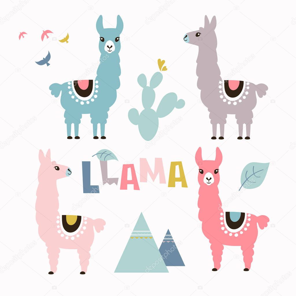 Llama, alpaca collection, cute illustration and design for nursery design, poster, birthday or greeting card.Vector set