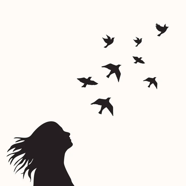 Schwarzes Weibliches Gesicht Mit Fliegenden Vögeln Auf Weißem Hintergrund — Stockvektor