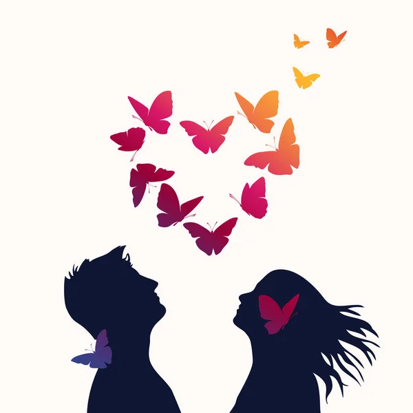 Poster Loving Couple Flying Colourful Butterflies — Stock Vector