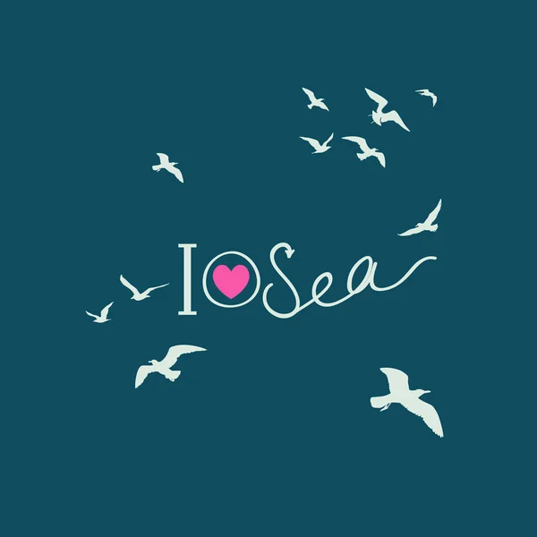 Poster Con Uccelli Volanti Sfondo Blu Scuro Con Love Sea — Vettoriale Stock
