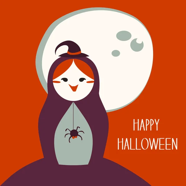 Halloween Banner Witch Nesting Doll Red Background Full Moon — Stock Vector