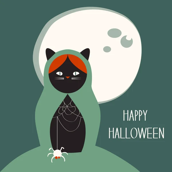 Halloween Banner Black Cat Nesting Doll Background Full Moon — Stock Vector
