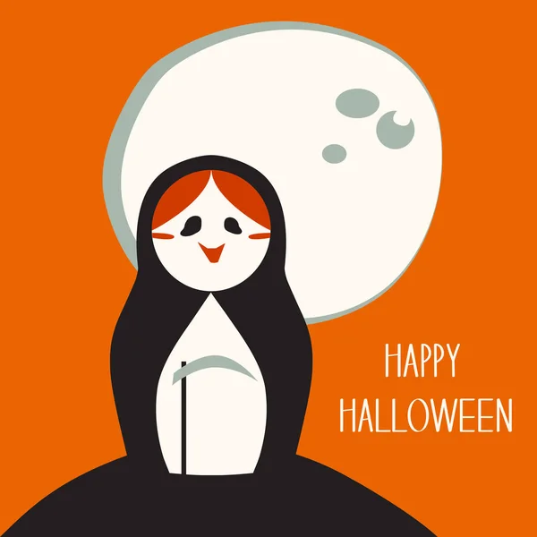 Halloween Banner Death Nesting Doll Scythe Orange Background Full Moon — Stock Vector