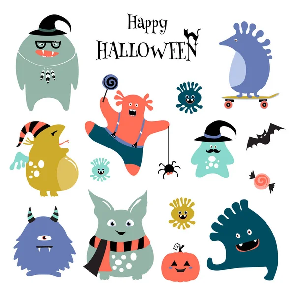 Banner Halloween Con Lindos Monstruos Dibujos Animados Aislados Sobre Fondo — Archivo Imágenes Vectoriales