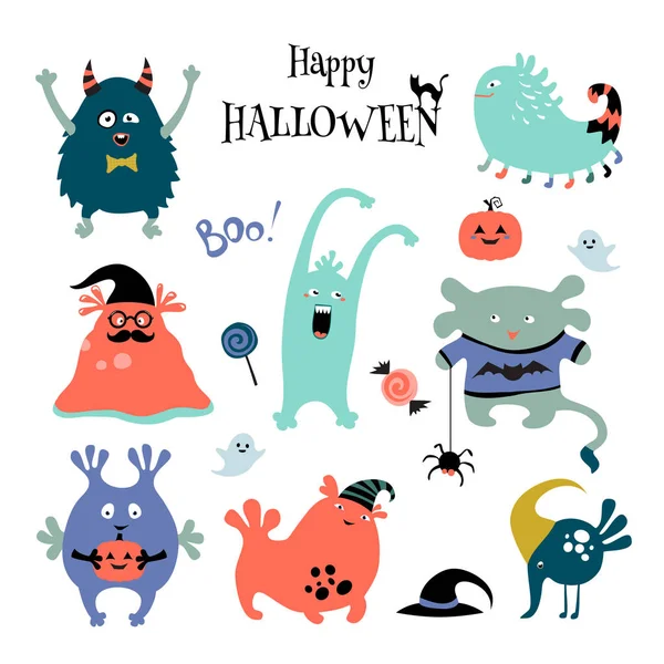 Banner Halloween Con Lindos Monstruos Dibujos Animados Aislados Sobre Fondo — Archivo Imágenes Vectoriales