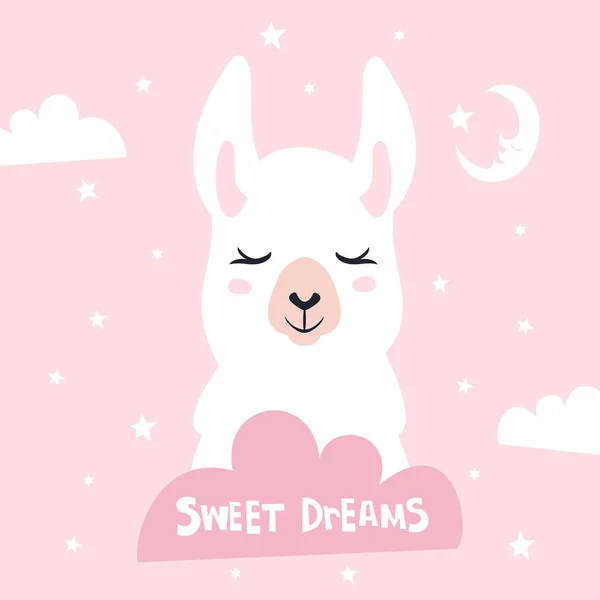 Sweet Dreams Quote Doodles Cute Cartoon Llama Vector Design — Stock Vector