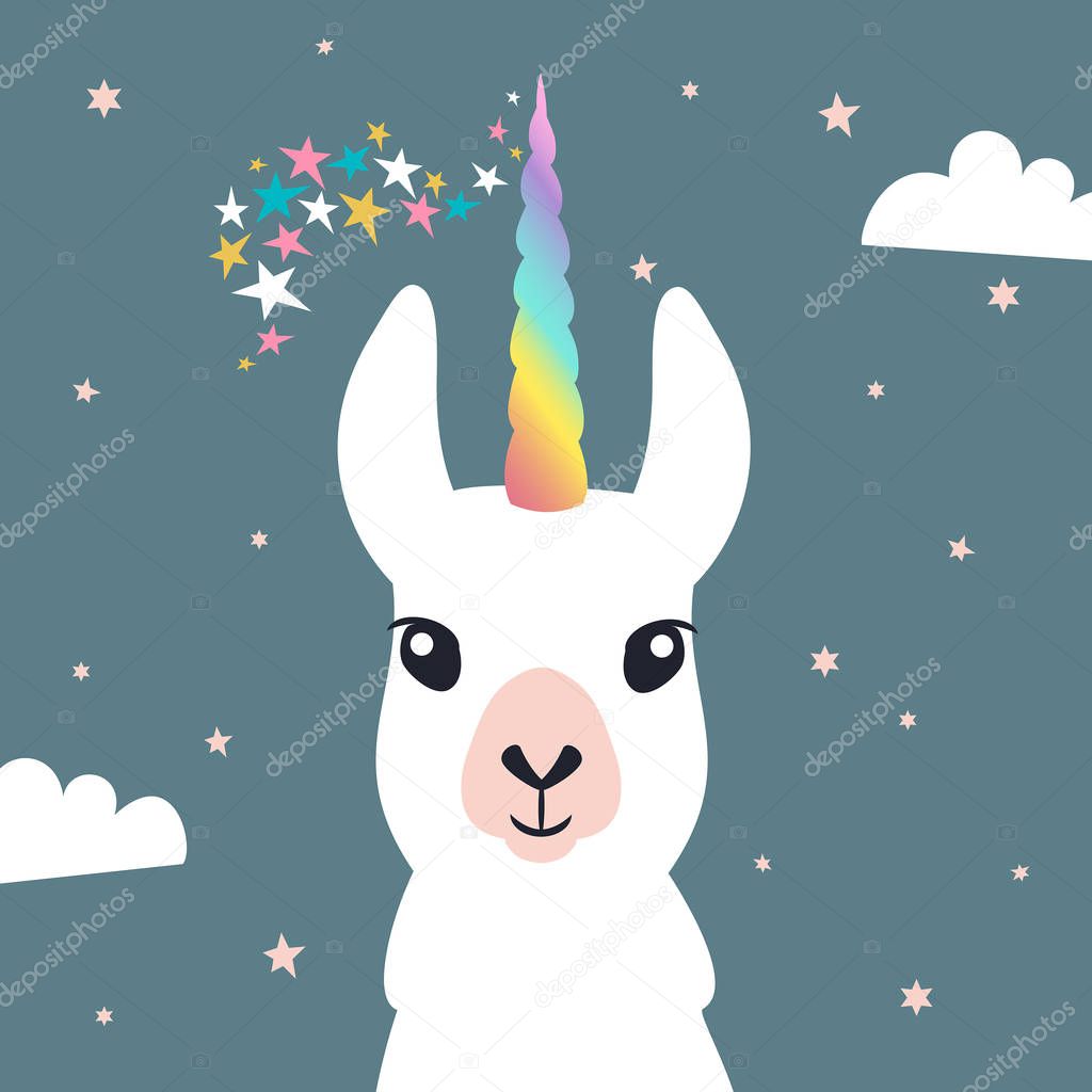 Cute unicorn llama (alpaca). Vector illustration