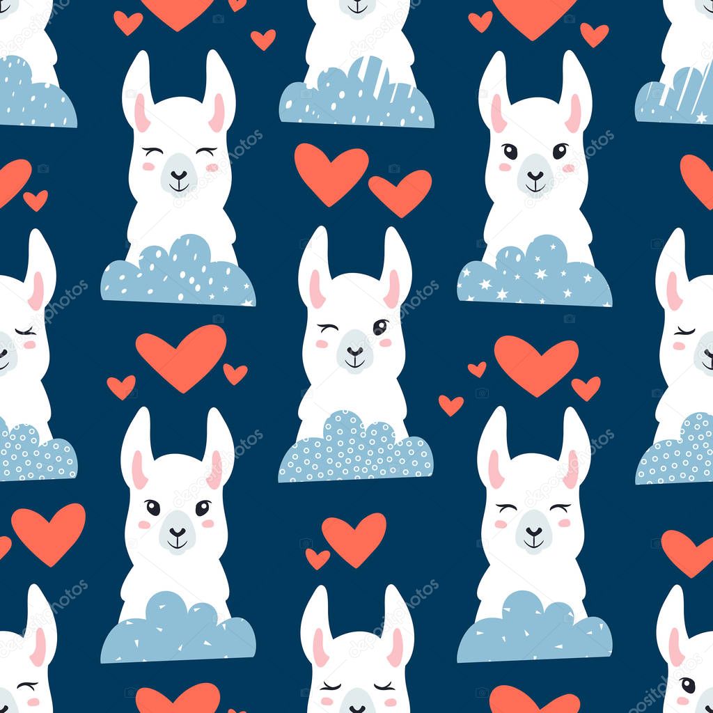 Seamless pattern of llamas, and hears. Great for fabric, textile. Vector background.