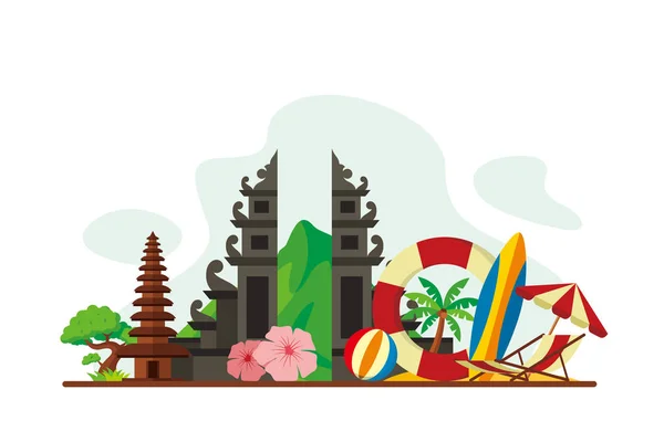 Bali Tropical Island Landmarks Voyage Flat Concept Vector Illust — Image vectorielle