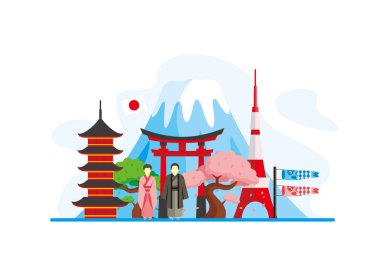 Japonya Ünlü Yerler Seyahat Düz Konsept Vektör İllüstrasyon