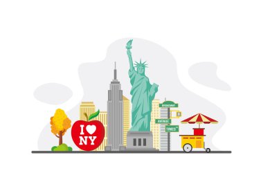 New York Ünlü Yerler Seyahat Düz Konsept Vektör Illustratio