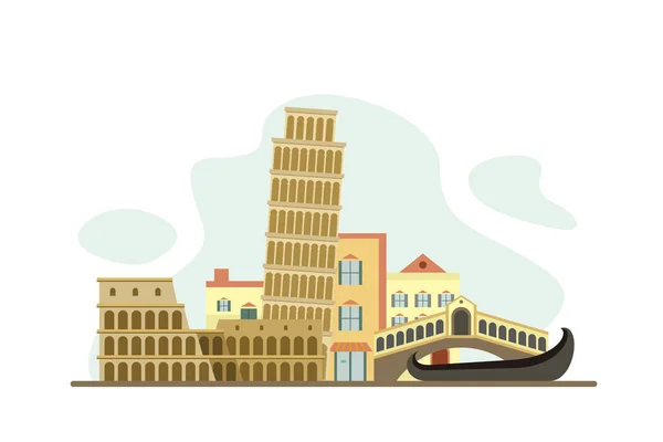 Itália Famous Landmarks Travel Flat Concept Vector Illustration —  Vetores de Stock