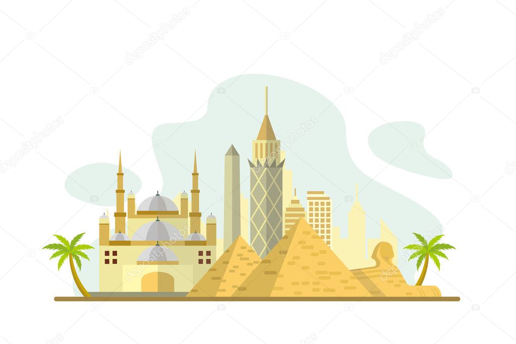 Egypt Famous Landmarks Travel Flat Concept Vector Illustration