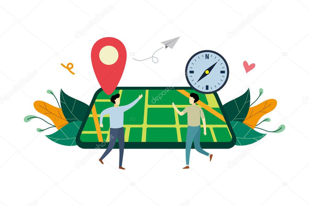 GPS navigation system, location on the city map flat illustration with small people concept vector template, suitable for background, landing page, ui, ux, advertising illustration