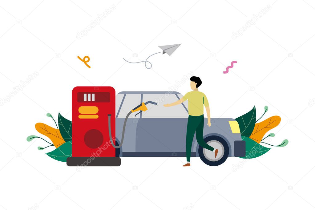 Refueling car/vehicle at petroleum station, transport gasoline service flat illustration with small people concept vector template, suitable for background, ui, ux, advertising illustration