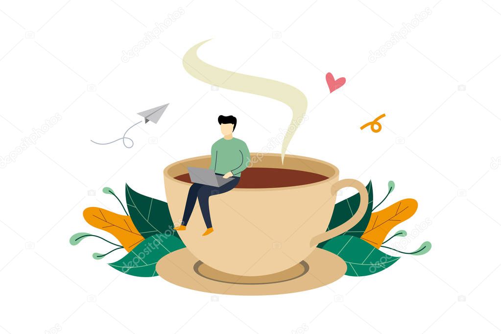 Coffee break, man sitting on huge coffee cup activity flat illustration vector template, suitable for background, banner, landing page, ui, ux, advertising illustration