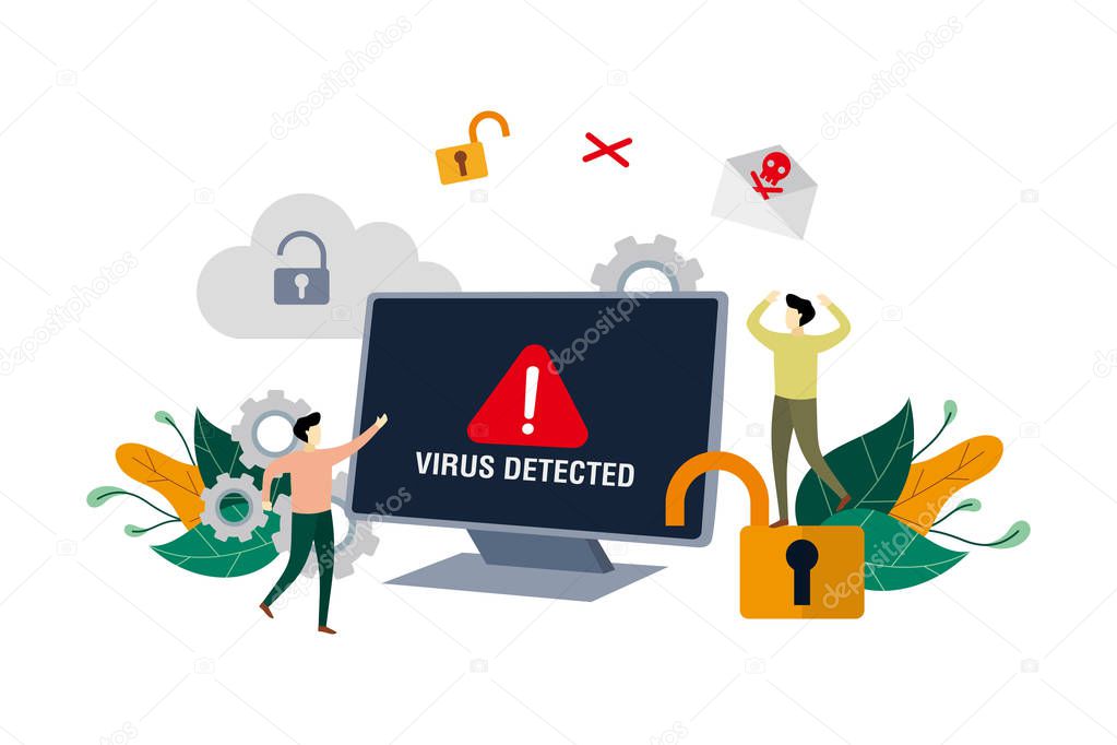 Alert message of virus detected, identifying computer virus, hacking security with small people concept vector flat illustration, suitable for background, landing page, ui, ux