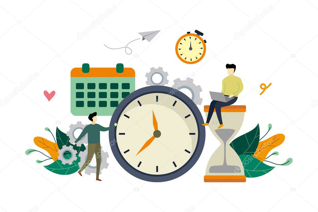 Work time management flat illustration with big clock and small people concept vector template, suitable for background, landing page, ui, ux, advertising illustration