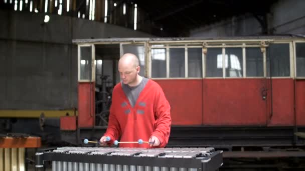 Tiro Medio Atractivo Hombre Tocando Vibráfono Traje Rojo Antigua Fábrica — Vídeo de stock