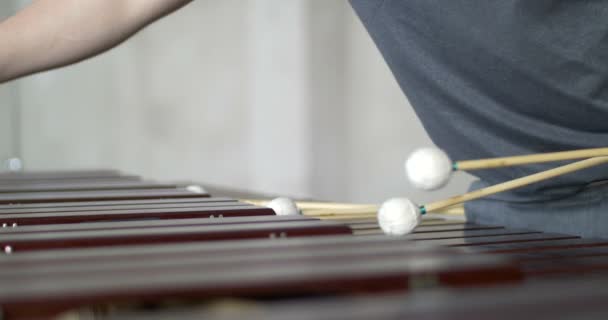 Man preparing his play on marimba, leaving and coming back his music instrument in grey outfit with grey industrial neutral background — Stock Video