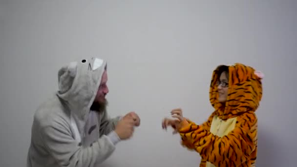 Funny man and woman dressed up as animals fighting on grey background. typical representation of brother and sister in law arguing, this fight was fake and for fun, no animals were harmed. — Stock Video