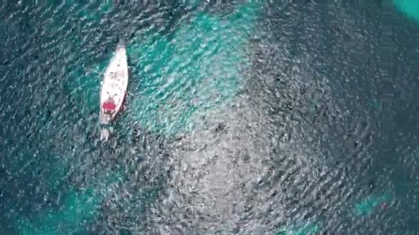 Stationary above drone view of small pleasure boat on blue turquoise sea, peaceful rest spot, free space on right to insert your content. anses d 'arlet, martinique, 29-9-19 — стоковое видео