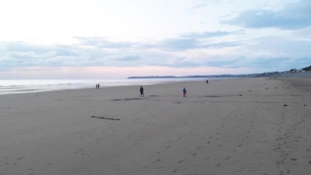 Luchtfoto van vrouw met metaaldetector op het strand, deze moeder is op zoek naar begraven munten of juwelen, elke vorm van schat, granville, frankrijk 15-9-19 — Stockvideo