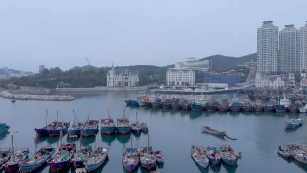 Tradition et modernité, port de pêcheur Dalian est situé un peu en dehors de la ville, profiter de l'architecture ancienne et des bâtiments modernes avec matin frais avec brouillard Dalian, Chine, 19-6-19 — Video