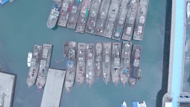 Drone aéreo profissional 4K tiro do porto do pescador durante a manhã nebulosa em Dalian, China, 19-6-19 — Vídeo de Stock