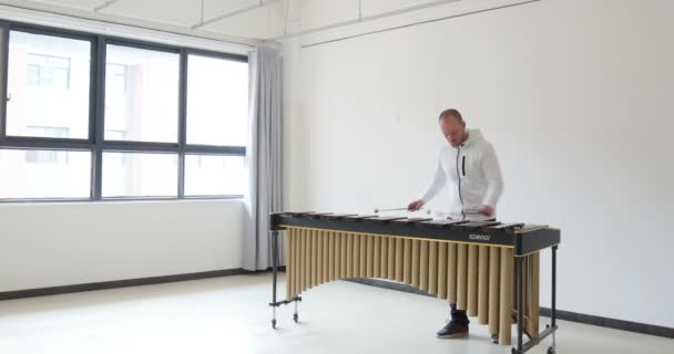 Knappe man die xylofoon speelt. Het hele lichaam van deze muzikant draagt witte kleding in een lege kamer. industrieel hok concept. ramen met heldere verlichting op het marimba-instrument. le Mans, Frankrijk 1-1-2019 — Stockvideo
