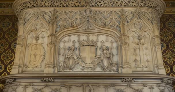 Armoiries sochařství na krbu vnitřní Chateau du lude: Le lude Renaissance Castle In Chateaux de la Loire Valley. Le lude, Francie 27 / 2 / 19 — Stock video