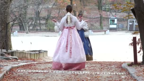 Mujer coreana wearn hanbok, el vestido coreano tradicional tomando fotos con teléfono celular dentro del palacio real en Seúl, Corea, agosto 2018 — Vídeos de Stock