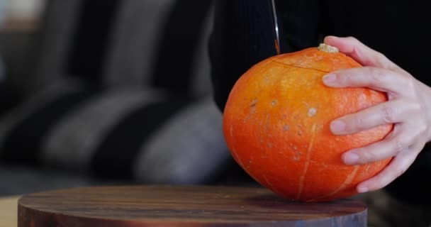 Hand of a woman, carefully carving a little pumpkin for Halloween family celebration. Jack-o'-lanterns are a yearly Halloween tradition that came to the United States from Irish immigrants. — Stock Video