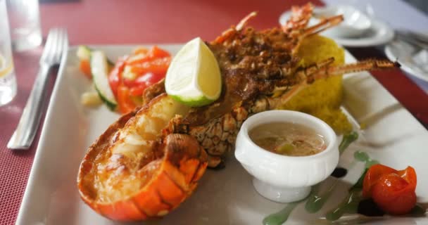 Közel a gyönyörű főtt és grillezett homár, francia (Antillák) stílus citrom, rizs és zöldség mártással. Karib-tenger Guadeloupe rákok élelmiszer friss és egészséges, míg a nyaralás érzés. — Stock videók