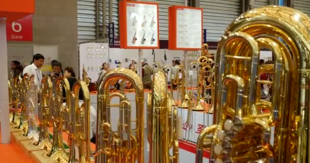 Brass Instruments Music China Shanghai Instrument Fair Wind Brass Section — Stock Video