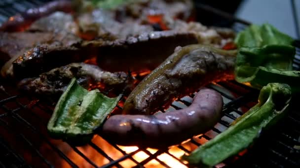 Mouvement Lent Viande Des Légumes Sur Barbecue — Video