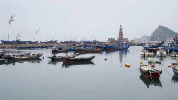 Professional Aerial Drone Shot Fisherman Port Foggy Morning Dalian China — Stockvideo