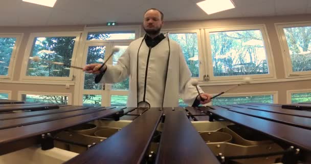 Fisheye Shot Caucasian Male Musician Playing Four Sticks Wood Marimba — Stock Video