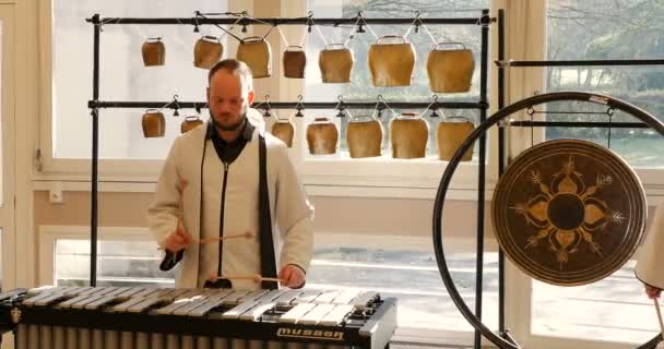 Dva Pohlední Muži Perkusionisté Bílých Uniformách Muž Hrající Vibrafon Bicími — Stock video