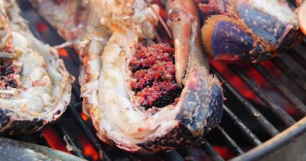 Homards aux fruits de mer. Belle langouste fraîche. Délicieux homard sur gril. Cuisson chaude et pétillante sur la plaque chauffante. Délicieux homard grillé en deux avec du beurre. Homards frais, juteux et savoureux — Video