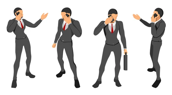 Personajes del hombre de oficina están posando llamando. comunicación utilizando una — Vector de stock