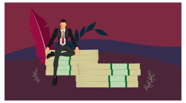 bir poz ile para dev bir yığın üzerinde oturan bir işadamı 